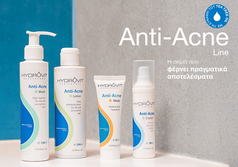 Η σειρά προϊόντων κατά της ακμής HYDROVIT Anti-Acne (Wash, Lotion, Mask και Cream) σε minimal περιβάλλον μπάνιου, σχεδιασμένη για λιπαρό και με τάση ακμής δέρμα.